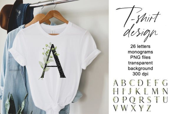 T-Shirt Design with Monogram, Leaves: Watercolor Clipart for Sublimation